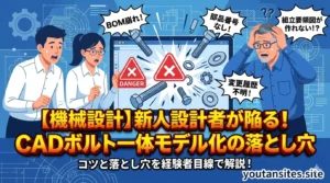 CADのボルト・ワッシャ一体モデル化における「落とし穴」をテーマにした、インパクトのあるブログ記事アイキャッチ画像 。image_0.pngと同じ3人の設計チームが、一体化したボルトモデルが引き起こすBOM崩れ 、部品番号付与困難 、変更追跡不明 といった問題（ワナ）に驚愕している様子を描いている 。タイトルテキスト「【機械設計】新人設計者が陥る！ CADボルト一体モデル化の落とし穴」が入っている 。