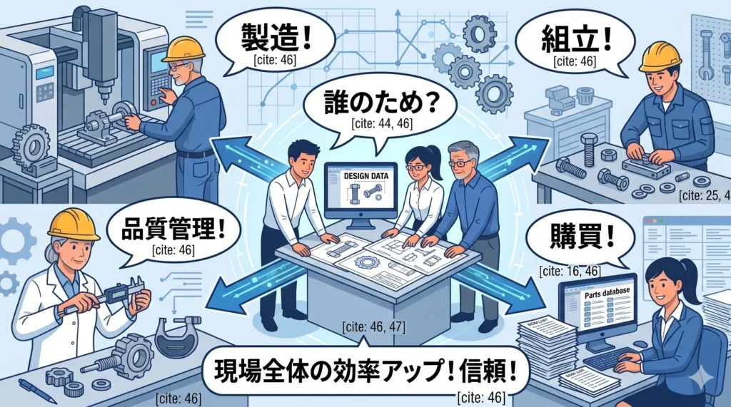 設計の工夫は「誰のためか」を常に考えることの重要性をまとめたイラスト 。設計データ(CAD)が製造、組立、購買、品質管理など、様々な人の仕事につながり、現場全体の効率と信頼を高める様子を3人の人物と周囲の担当者で表現している 。