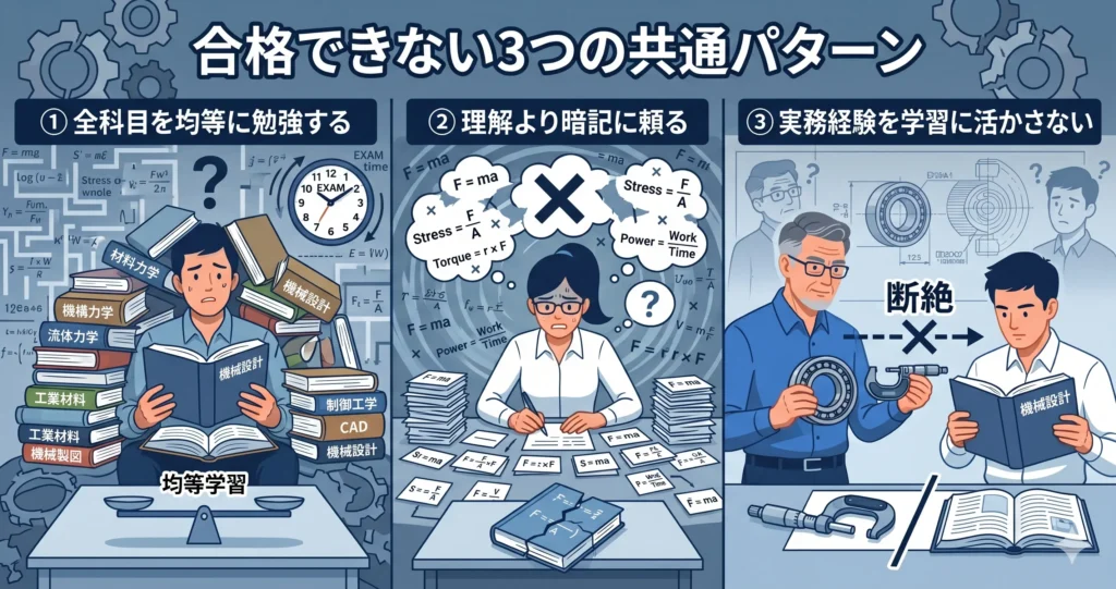 機械設計技術者試験2級に合格できない3つのパターンを示す図解——均等学習・暗記偏重・実務未活用の失敗構造イメージ