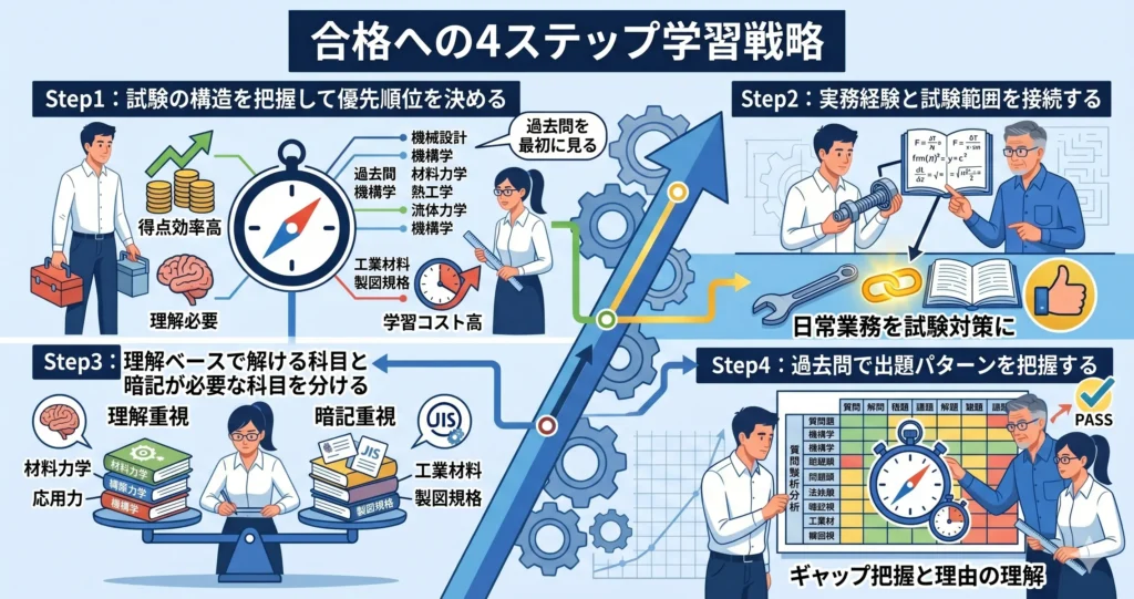 合格のための学習戦略4ステップを示すフロー図——試験構造把握から実務接続・科目分類・過去問活用までの学習設計イメージ