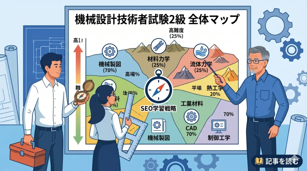 機械設計技術者試験2級の試験構造と科目範囲を示す全体マップ——9科目の配置と難易度分布を表すイメージ