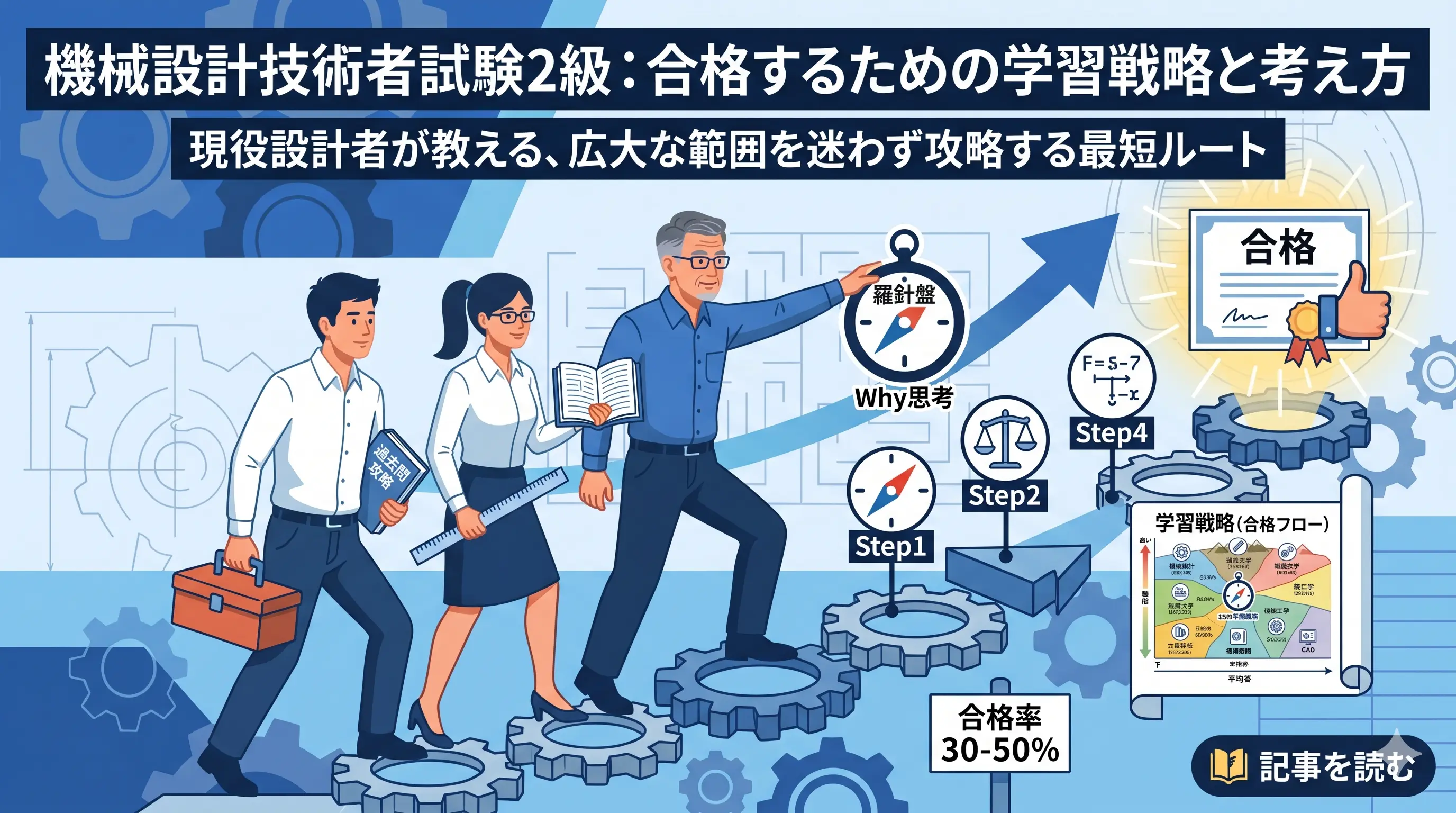 機械設計技術者試験2級合格を目指す3人の設計者と羅針盤——学習戦略と合格への道のりを示すアイキャッチ画像