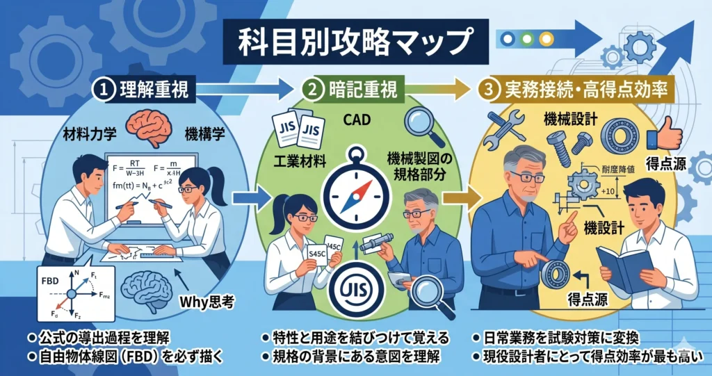 機械設計技術者試験2級の科目別攻略マップ——理解重視・暗記重視・実務接続の科目分類と攻略ポイントを示すイメージ