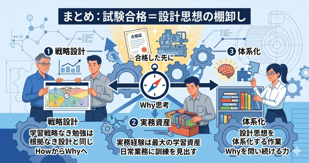 試験合格を設計思想の棚卸しとして捉えるイメージ——Why思考で学習戦略を設計する設計者の思考プロセスまとめイメージ