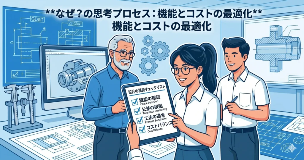 公差設定の実務チェックリストを確認する設計者。4つの思考ステップに基づいた項目を、若手女性設計者がタブレットでチェックしている様子。