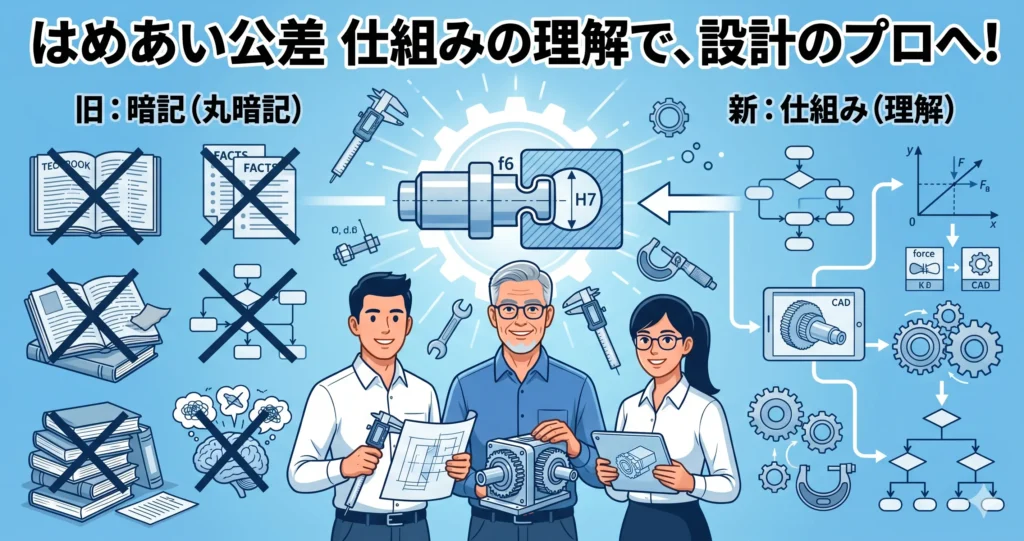 はめあい公差の理解は丸暗記ではなく仕組みの理解が重要であることを示す、3人のエンジニアの笑顔のイラスト。