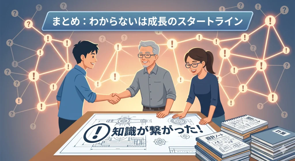 知識が繋がり、経験を積んだ3人の設計者が、自信を持って完成図面を前に笑顔で並ぶ、成長を表すイラスト。