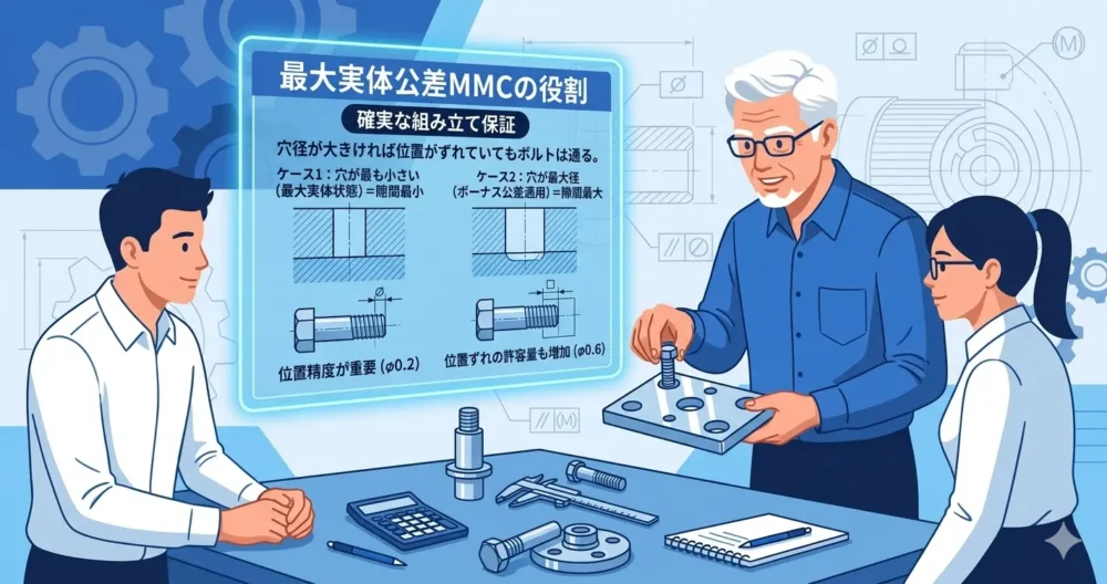 ボルト穴の位置度など、MMC（最大実体公差）が実際の部品の嵌め合いや組み立て保証で使われる場面