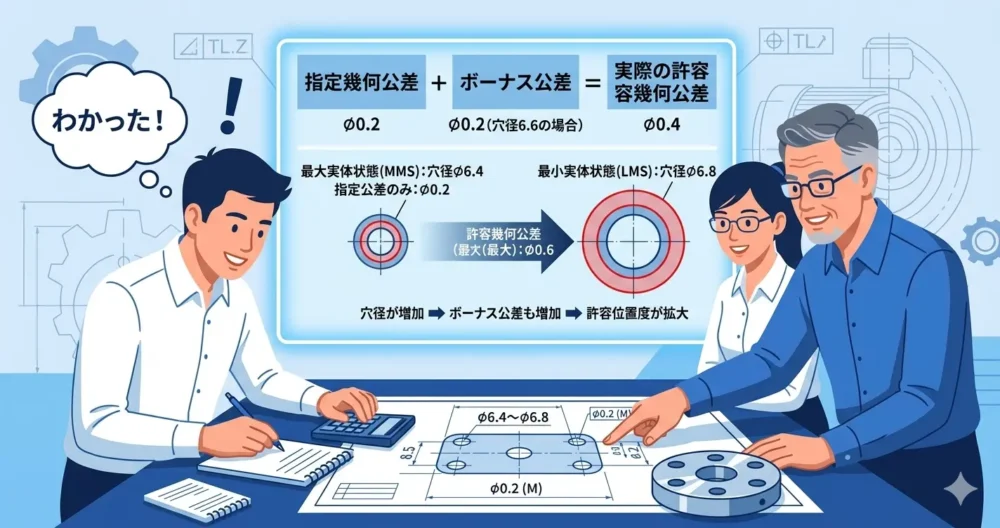 MMCにおけるボーナス公差の計算方法と許容幾何公差の変動を具体例で理解する機械設計エンジニア