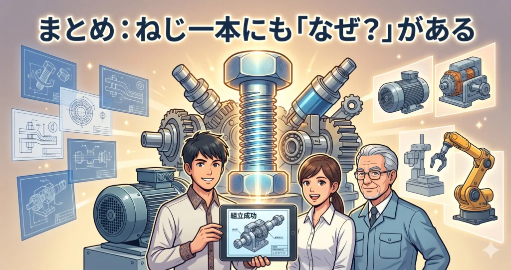 ねじ一本に込められた設計思想のまとめイラスト。Why思考で設計された信頼性の高い機械（青写真）を背景に、自信に満ちた3人の設計者が巨大なねじモニュメントを囲んでいる。