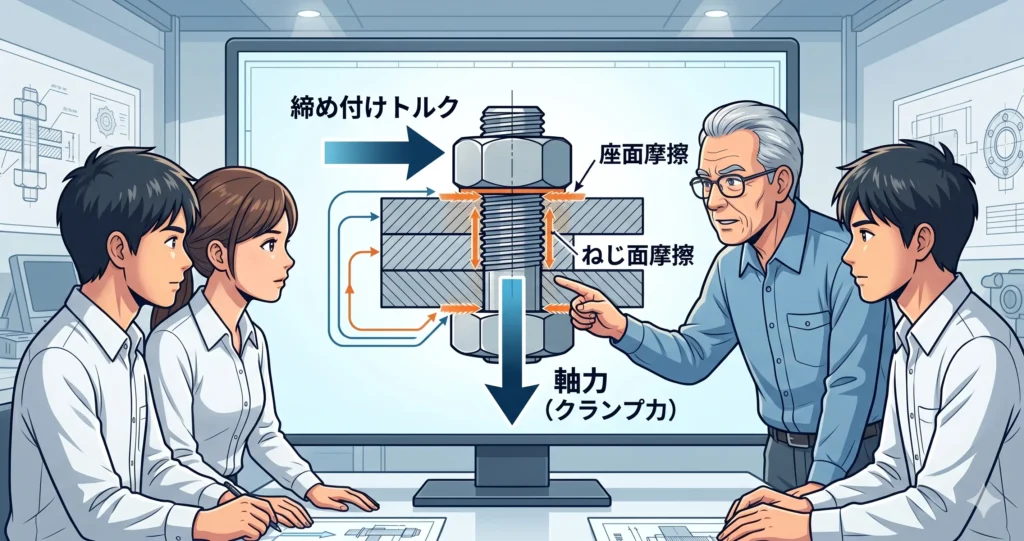 ねじ締結の仕組みを図解。トルク入力が座面とねじ面の摩擦に消費され、残りが軸力（クランプ力）に変換される様子を年配の設計者が若い設計者に解説するイラスト。