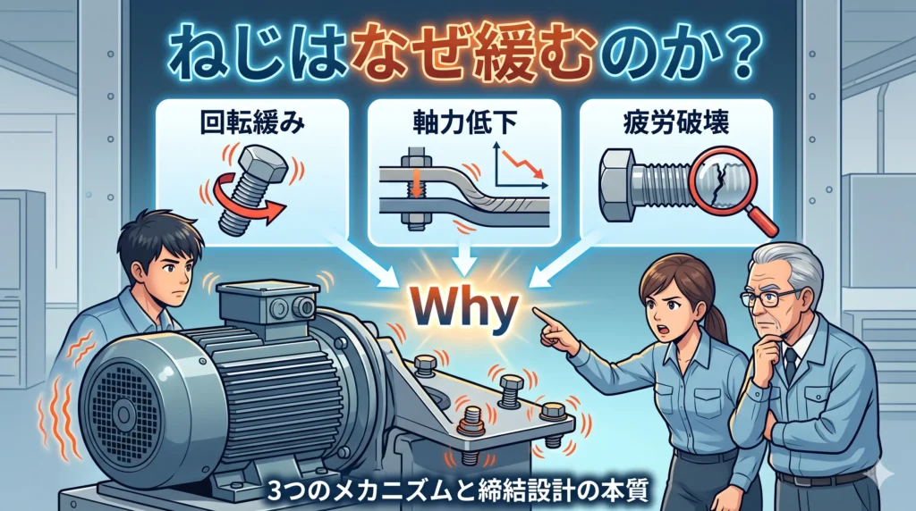 ねじはなぜ緩むのか？を解説するブログ記事のアイキャッチ画像。3人の設計者が振動する機械の前で緩みのメカニズム（回転緩み、軸力低下、疲労破壊）と締結設計の本質に迫るイラスト。タイトル文字入り。