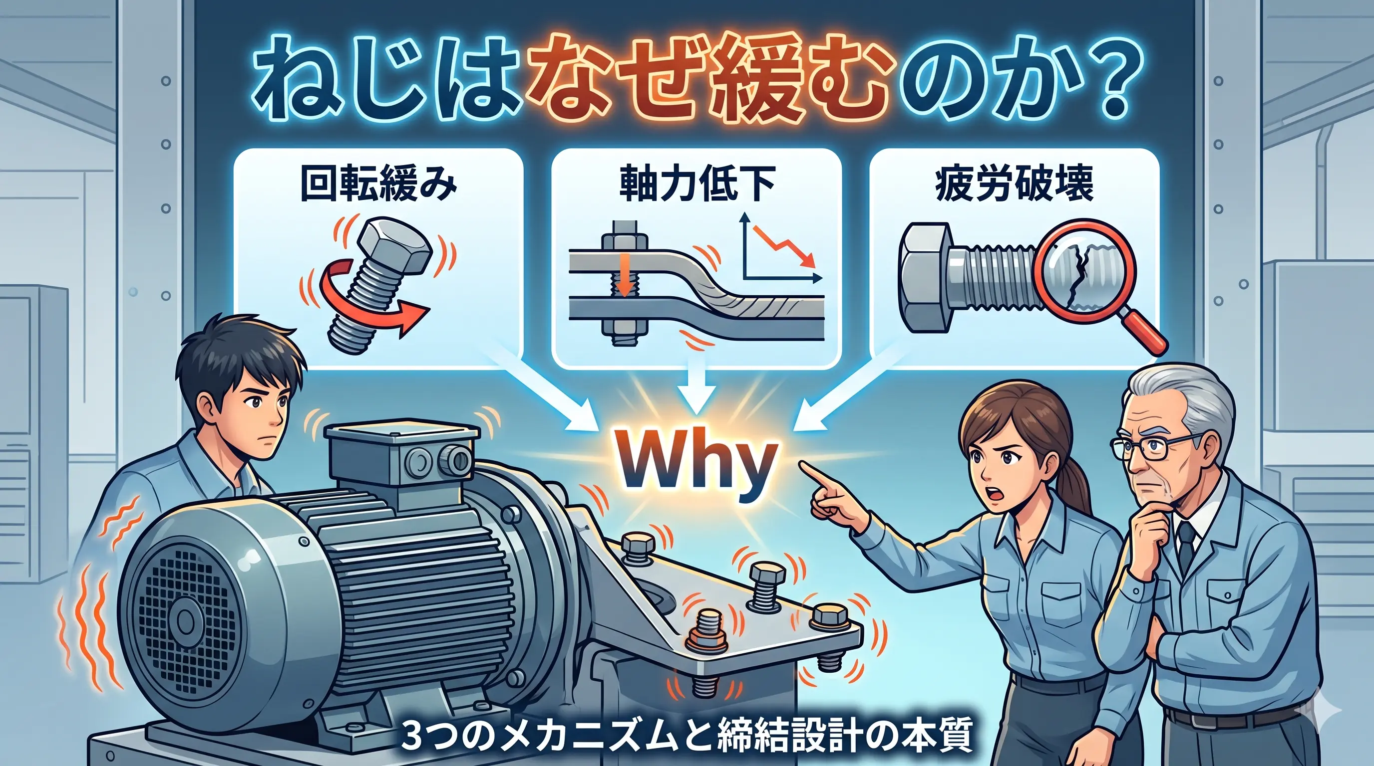 ねじはなぜ緩むのか？を解説するブログ記事のアイキャッチ画像。3人の設計者が振動する機械の前で緩みのメカニズム（回転緩み、軸力低下、疲労破壊）と締結設計の本質に迫るイラスト。タイトル文字入り。
