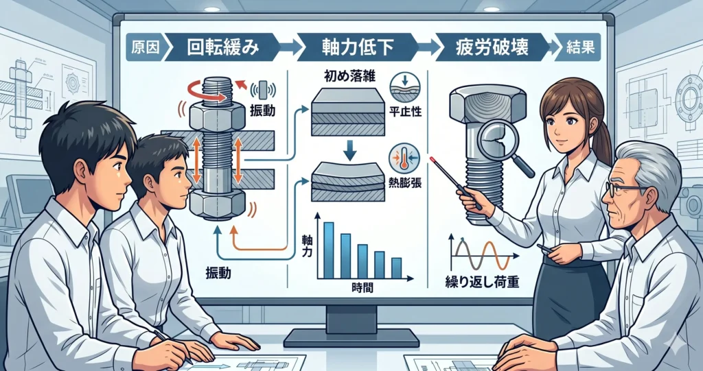 ねじが緩む3つのメカニズム（回転緩み、軸力低下、疲労破壊）の分類図。それぞれの原因と現象を簡潔なアイコンとイラストで表し、女性設計者が解説している様子。