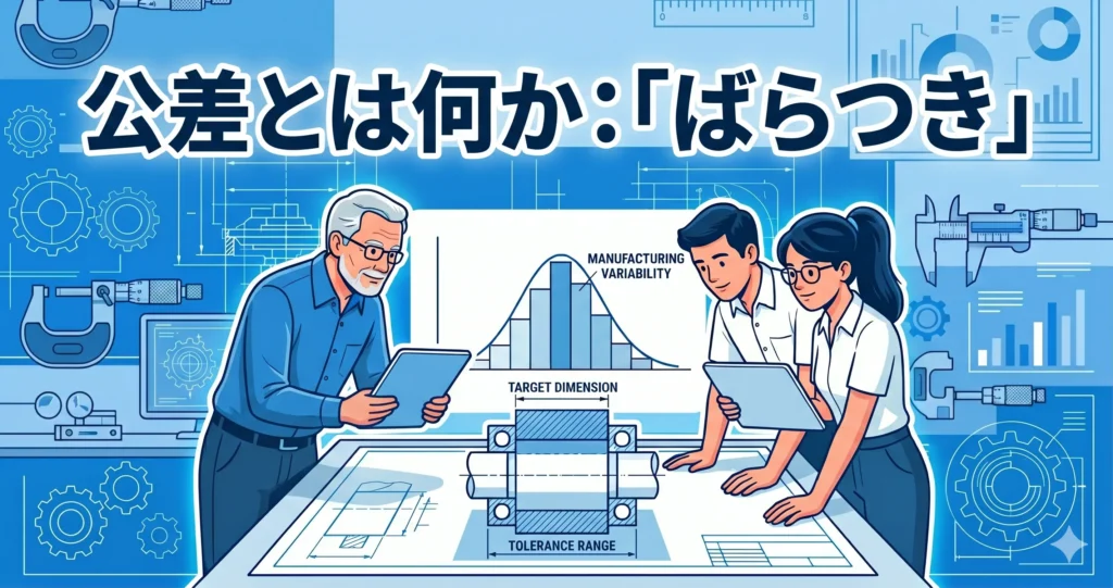 公差の概念を示す断面図。機能の境界線としての公差範囲と製造ばらつきの関係を、設計者が図面上で議論しているイメージ。