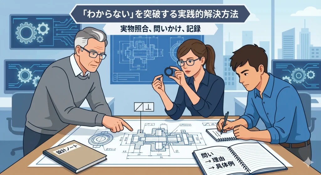 製品を分解し、実物と図面を照らし合わせながら、先輩から設計の意図を学び、設計ノートに記録する様子を描いたイラスト。
