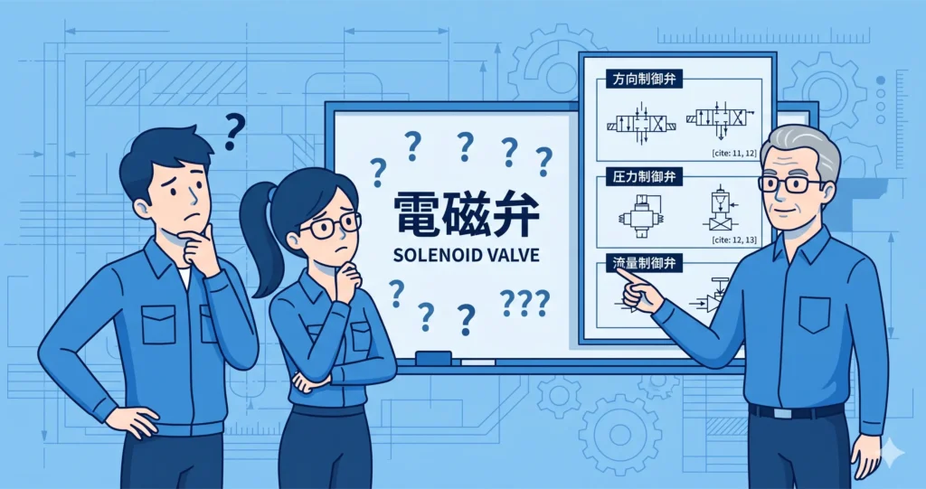 困惑する若手エンジニアに、「電磁弁」という言葉の曖昧さを、方向制御、圧力制御、流量制御の3つのカテゴリーに分けて解説するベテランエンジニアのイラスト。