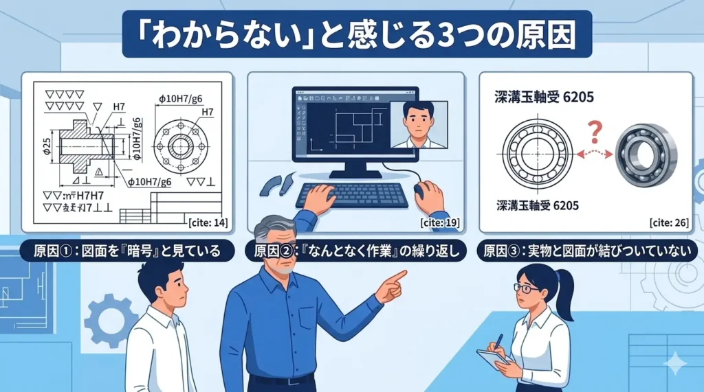 図面が暗号に見える、なんとなく作業している、実物と図面が結びつかないという、初心者が「わからない」と感じる3つの原因を描いたイラスト。