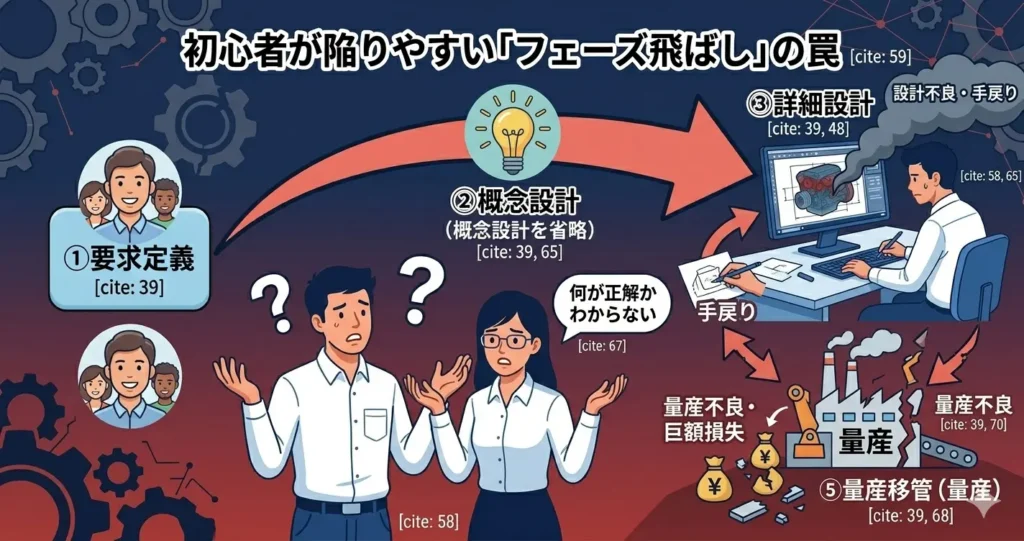 設計のフェーズを飛ばしたことで発生するリスク（要求定義不足、量産後の不良）を警告するイラスト 。手戻りやコスト増のイメージ。 
