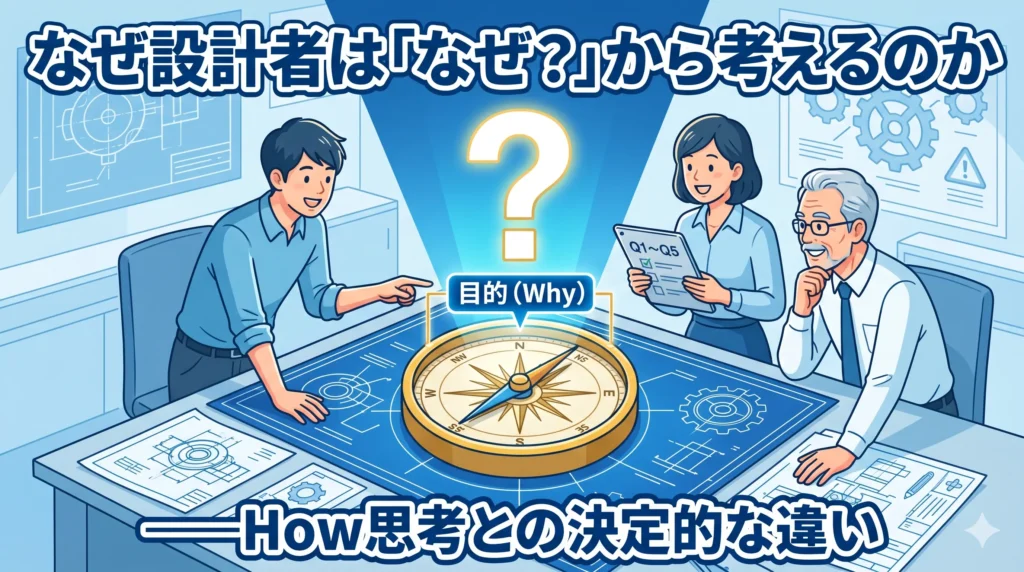 機械設計図面の上に置かれた金色の羅針盤と光る疑問符——「なぜ？から考える」設計思考を象徴するアイキャッチ画像