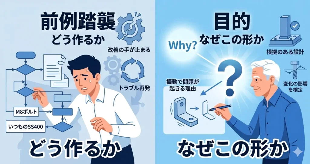 How思考とWhy思考の対比——プロセスだけを追う設計と、目的から考える設計の違いを示す図解イメージ