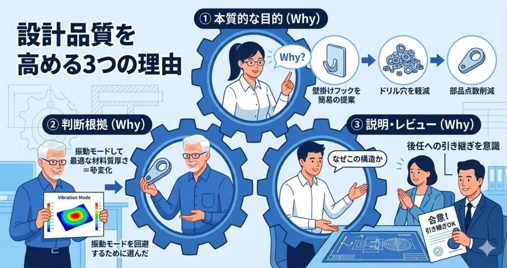 連動する3つの歯車——設計品質を支えるWhy思考の3つの理由を表すイメージ