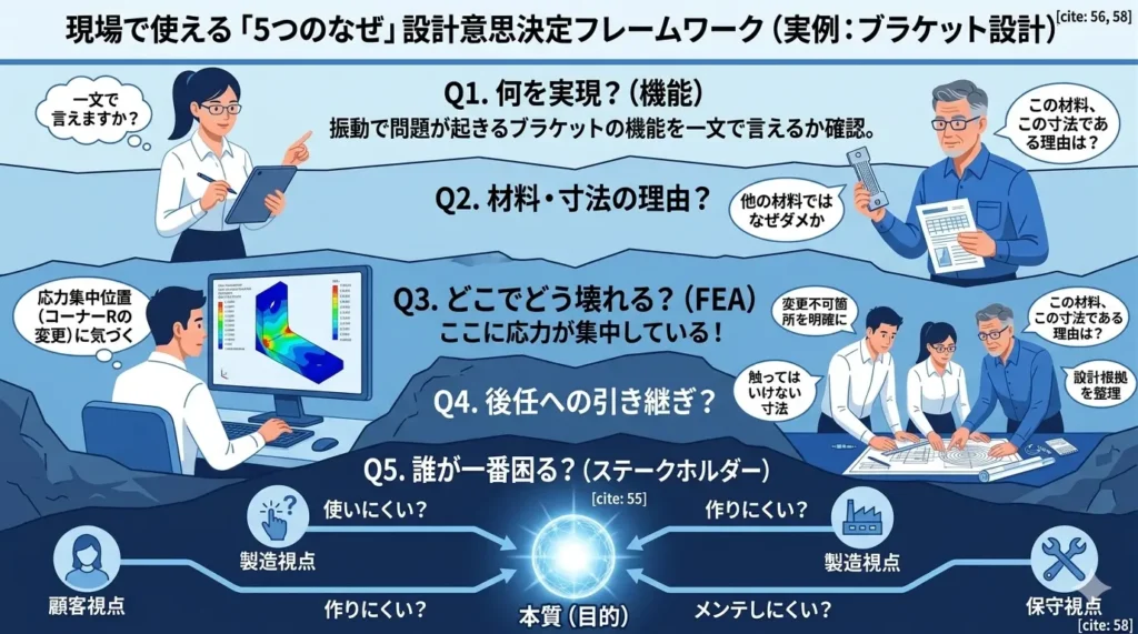 断面図の地層構造——なぜを繰り返すことで本質に近づく「5つのなぜ」思考プロセスのイメージ