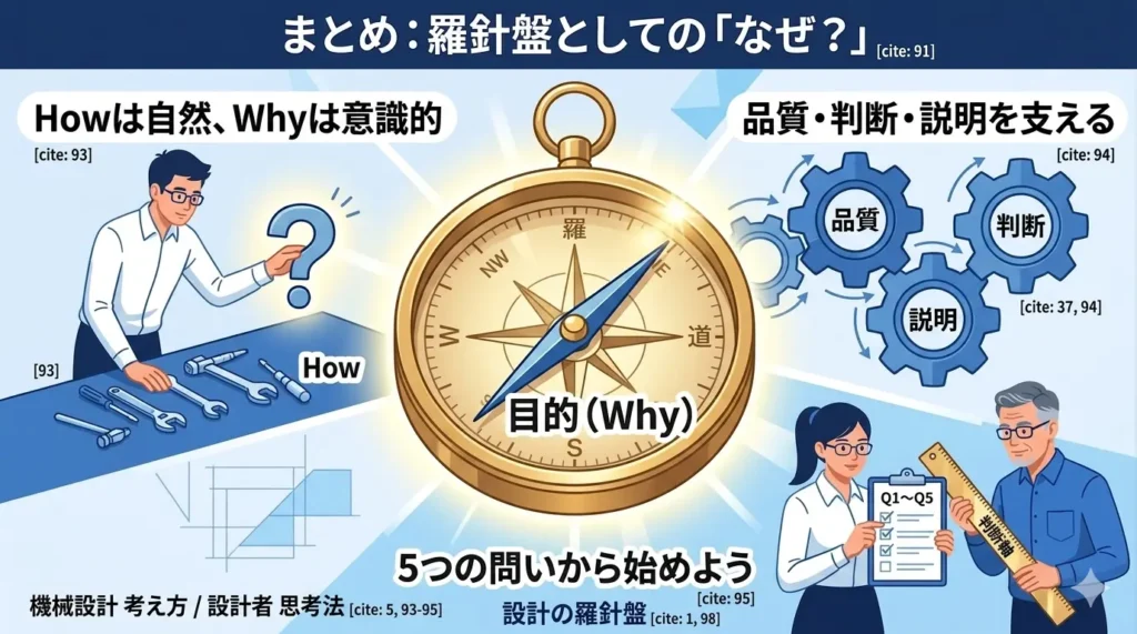 方向を指す真鍮の羅針盤——設計の判断軸としての「なぜ？」という問いを象徴するイメージ