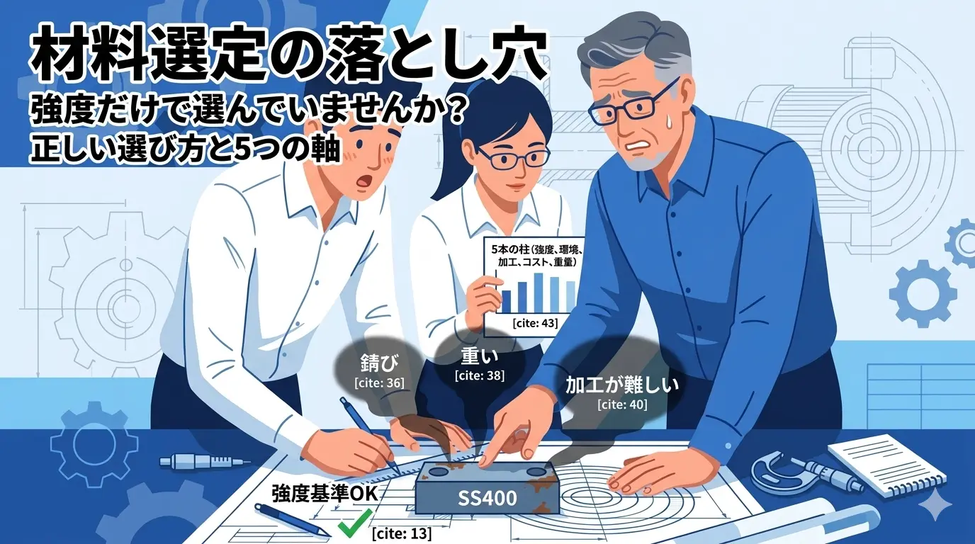 材料選定において強度だけで判断するリスクと、考慮すべき5つの軸（強度・環境・加工・コスト・重量）を示すイメージ——初心者設計者への啓蒙