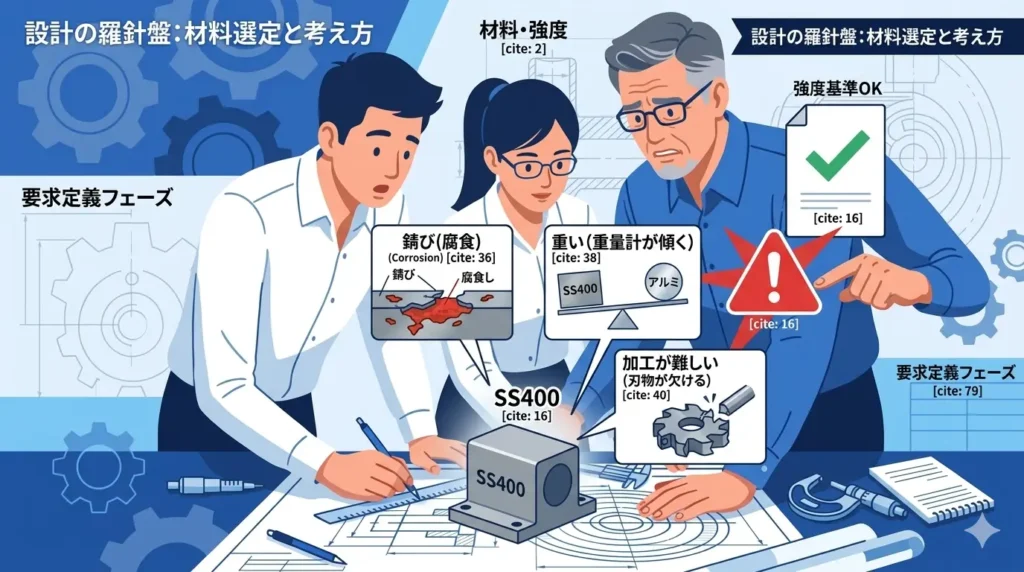 強度だけで材料を選ぶリスクを示すイメージ——SS400の腐食・重量・加工性問題を表す設計解説イメージ