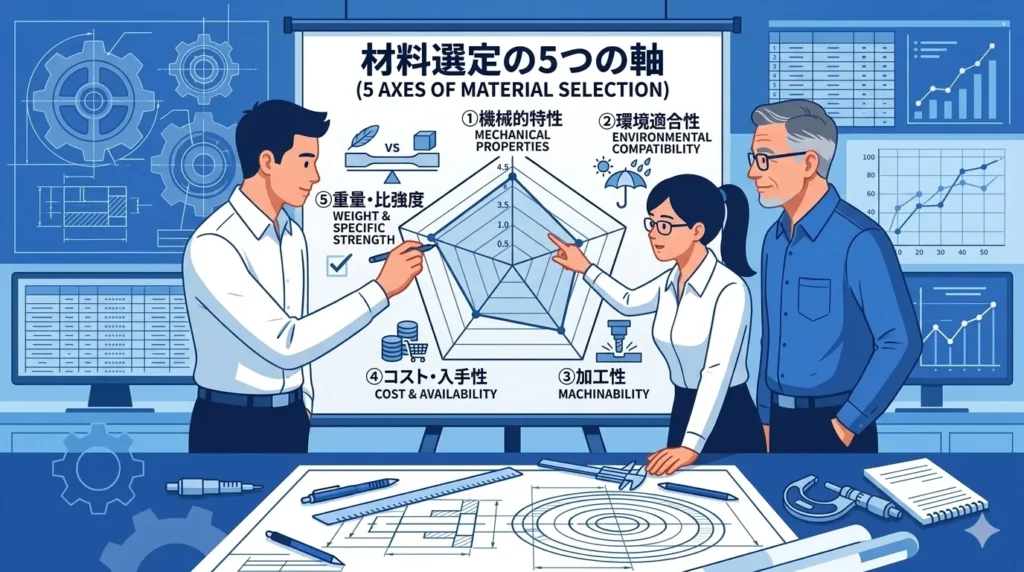 材料選定の5つの軸（機械的特性・環境・加工性・コスト・重量）を示すレーダーチャート風イメージ