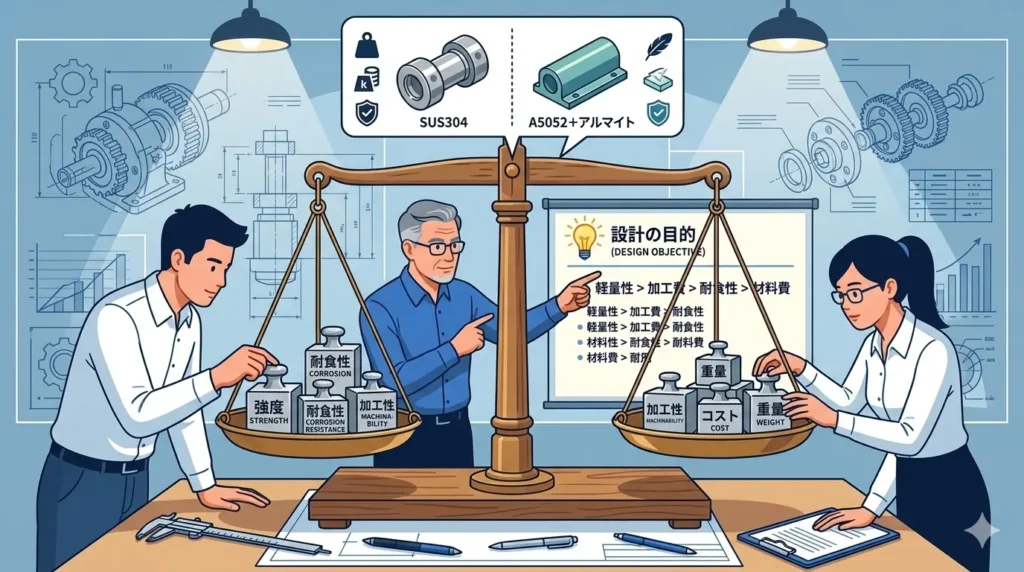 材料選定のトレードオフを天秤で示すイメージ——強度・耐食性・加工性・コスト・重量の優先順位判断を表すイメージ