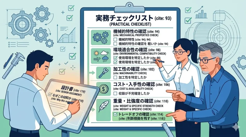 材料選定の実務チェックリストを示すイメージ——5つの軸を確認する設計者の思考プロセスイメージ