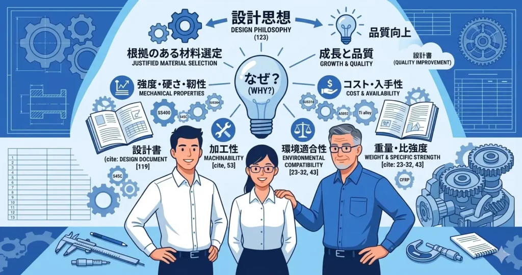 材料選定の設計思想を象徴するイメージ——多軸思考で材料を選ぶ設計者の判断プロセスをまとめるイメージ