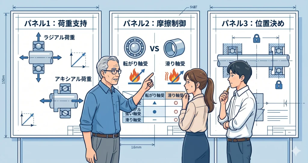 軸受の3つの役割（荷重支持・摩擦制御・位置決め）を示す断面図——ラジアル荷重とアキシアル荷重の方向を表すイメージ