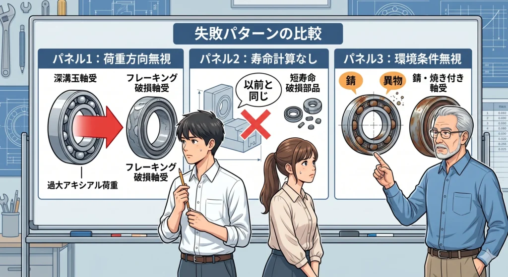 軸受選定でよくある3つの間違い（荷重方向・寿命計算・環境条件）を示す比較図——選定ミスのパターンと結果を表すイメージ