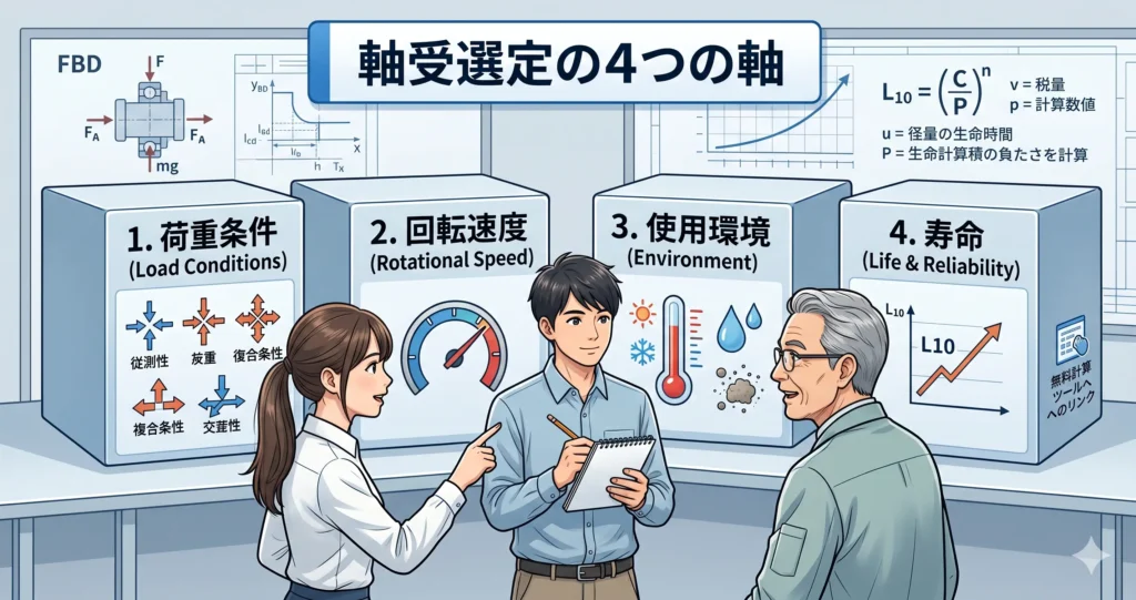 軸受選定の4つの軸（荷重条件・回転速度・使用環境・寿命）を示す選定フレームワーク図——Why思考による軸受選定プロセスイメージ