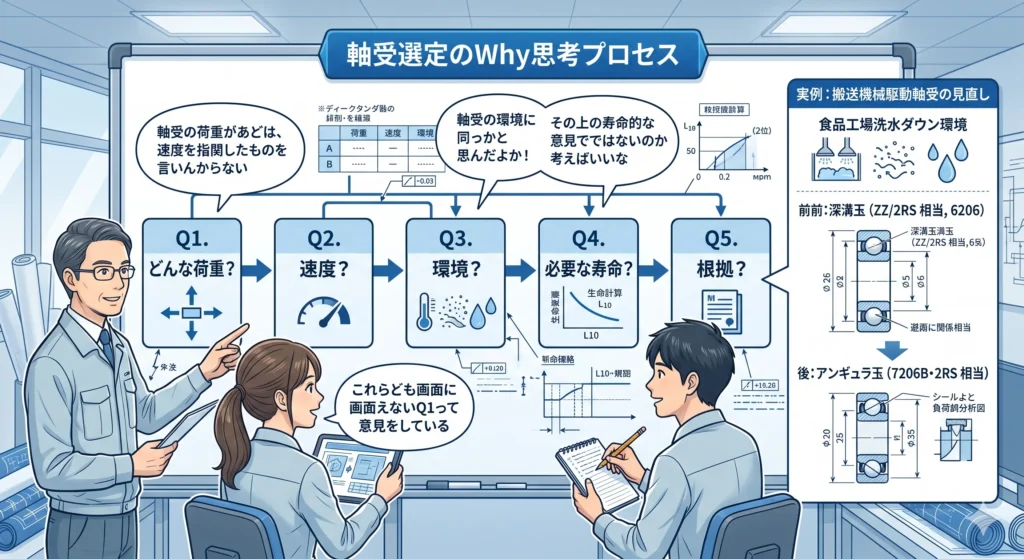 軸受選定のWhy思考プロセスを示すフロー図——5つの問いと実務思考プロセスを表すイメージ