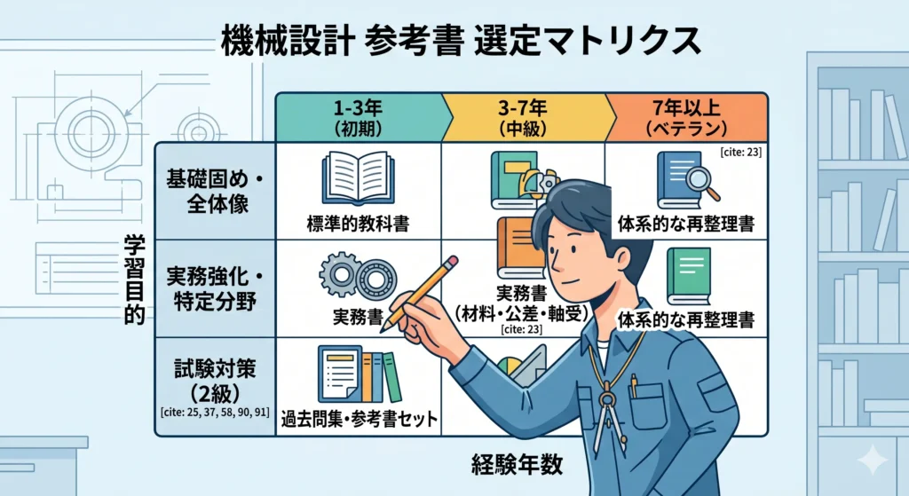 機械設計の参考書選びの基準を示すマトリクス図解。横軸に経験年数（初期、中級、ベテラン）、縦軸に学習目的（基礎、実務、試験、体系化）を配置。各セクションに最適な本（教科書、実務書、過去問、専門書）と、Why思考（根拠）を持つ設計者のイラストが描かれている