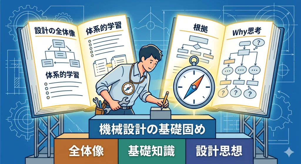 機械設計の基礎固めに最適な参考書2選のイメージ。設計歴1〜3年の初期段階や基礎をやり直したい中級者向けに、設計の全体像と設計思想を学ぶための入門書2冊が、Why思考（根拠）を象徴する光とともに描かれている 。