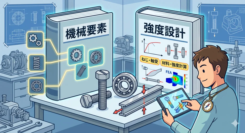 機械要素・強度設計に強くなる参考書2選のイメージ。ねじ、軸受、歯車、材料、強度計算の実務直結書籍2冊が、それぞれの要素の具体的な図解やFEA解析結果とともに、Why思考（なぜその要素か）を示すコンパスと並べて描かれている 。