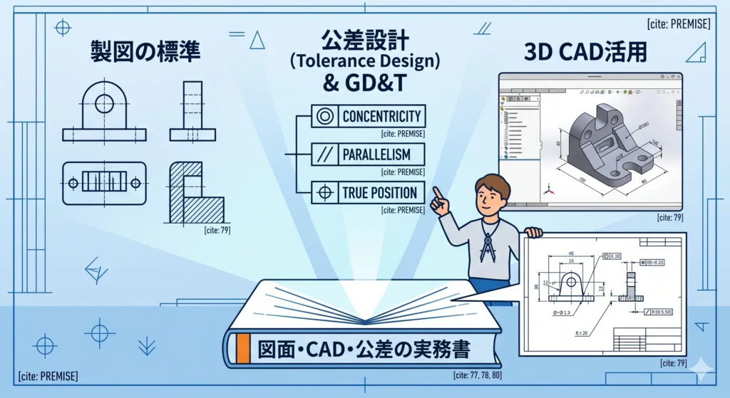 図面・CAD・公差に強くなる参考書1選のイメージ。製図、公差、GD&Tの実務書が、3D CADモデルと2D公差図面（幾何公差）の橋渡しをする Why思考（なぜこの公差か）を説明できる設計者のイラストとともに描かれている 。
