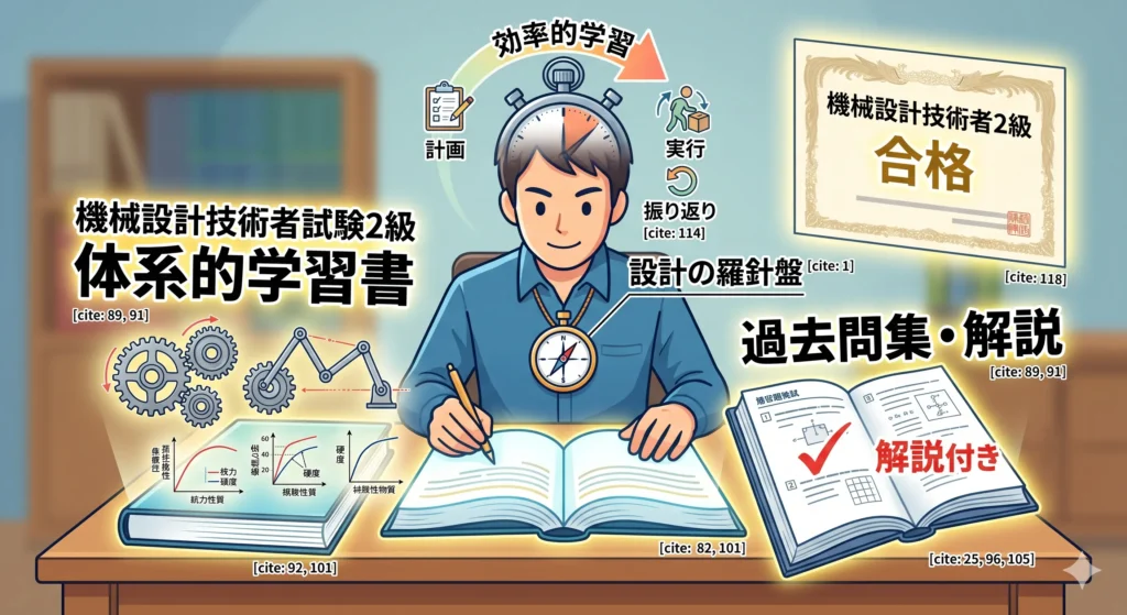 機械設計技術者試験2級対策に直結する参考書2選のイメージ。試験範囲を体系的に網羅した学習書（教科書）と過去問集の2冊が、効率的な学習戦略（Why思考）を示す合格までのロードマップと並べて描かれている 。