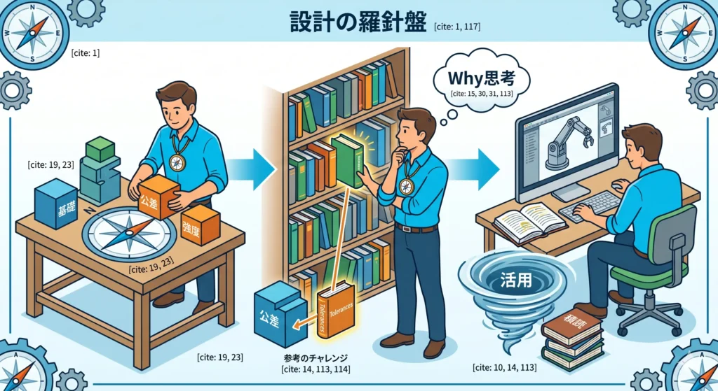 機械設計の参考書選びにおけるWhy思考を象徴するイメージ。課題を整理（Whyを問う）してから本を選ぶ、設計者の思考プロセスと学習の積み重ねが、10年後の厚みを作ることを表現したまとめイメージ 。