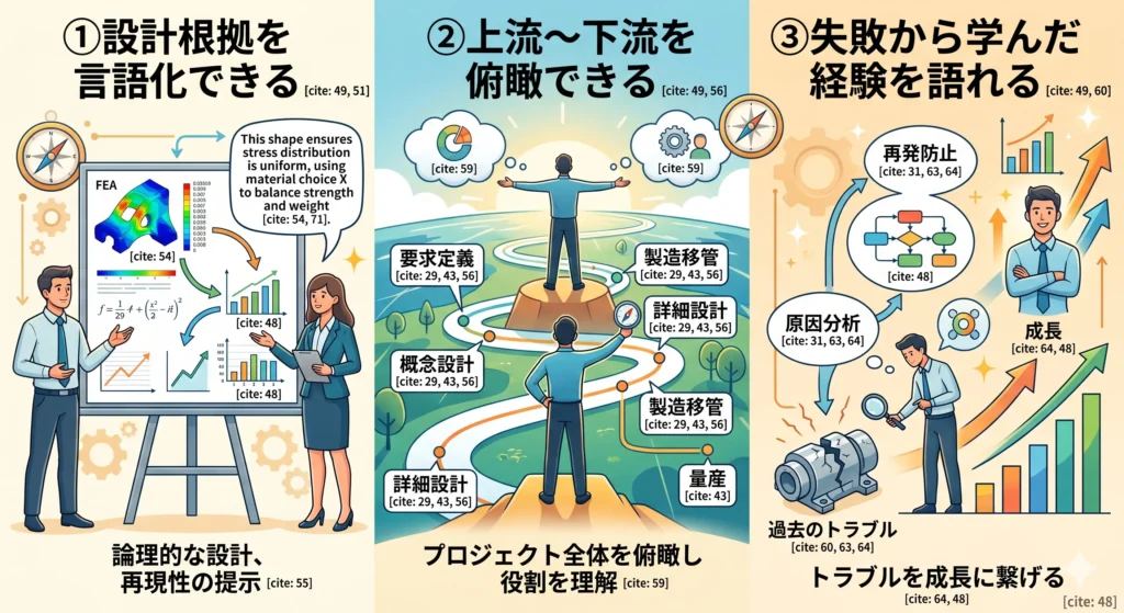 機械設計者の転職で高く評価される3つの特徴（設計根拠の言語化、上流～下流の俯瞰、失敗から学んだ経験の活用）を示すイラスト図解 。