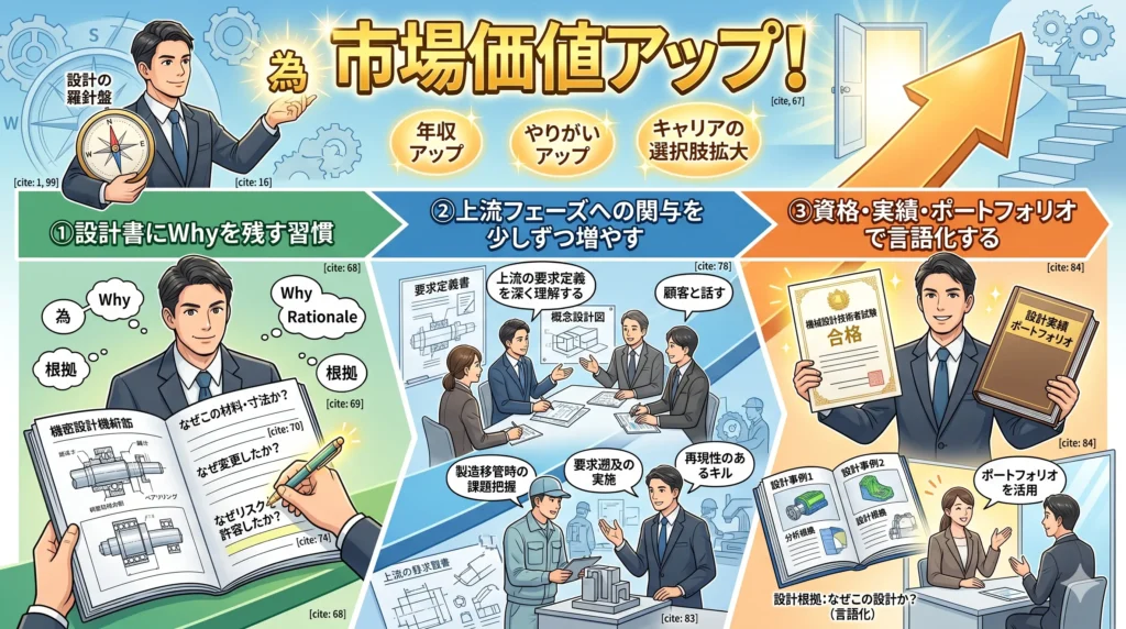 機械設計者が市場価値を上げるための3つの具体的なアクションステップ（設計書へのWhy記録、上流フェーズへの関与、資格・ポートフォリオの整備）を示すロードマップイラスト 。