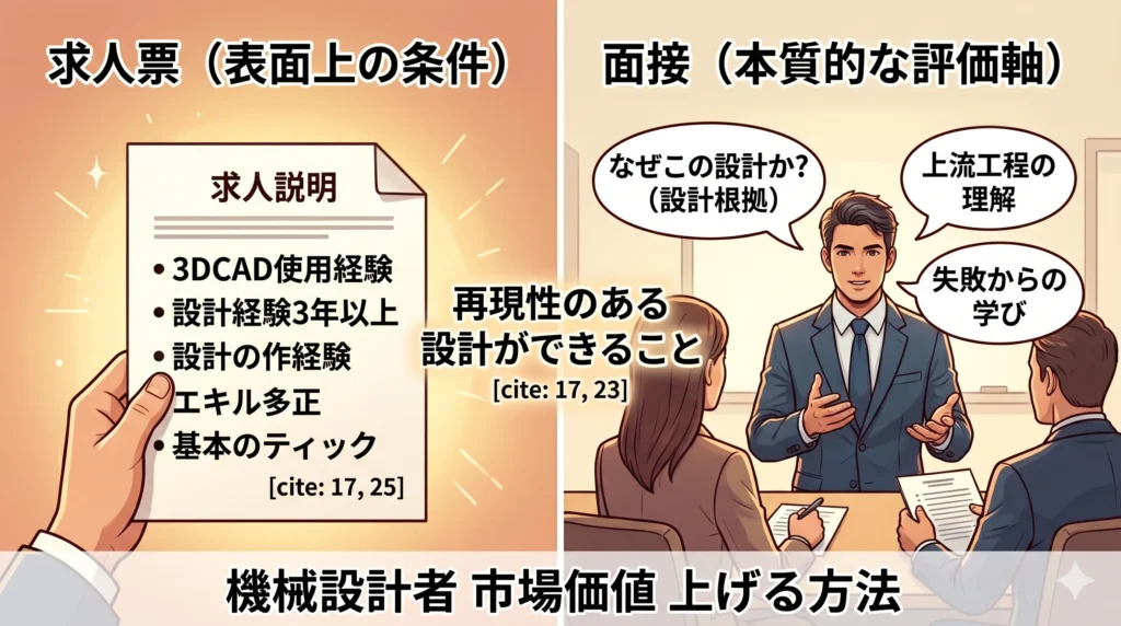 機械設計者の転職市場における、求人票の表面的なスキル条件と、面接で重視される本質的な設計思考（Why思考）の評価構造を示すイラスト図解 。