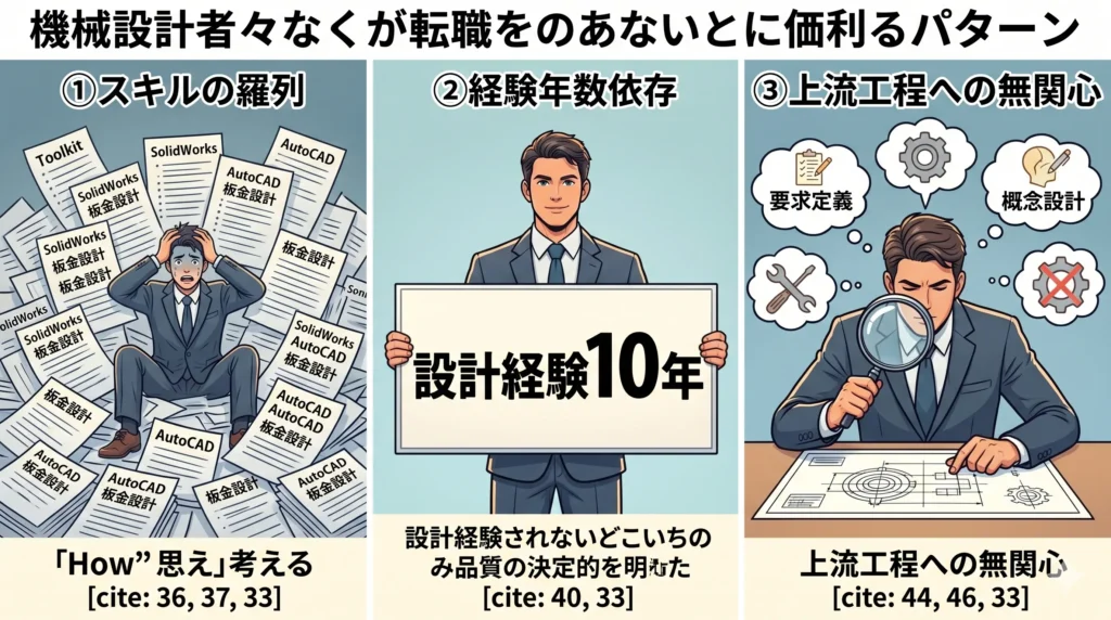 機械設計者の転職活動で評価されない3つの典型的な失敗パターン（スキルの羅列、経験年数依存、上流工程への無関心）を示すイラスト図解 。
