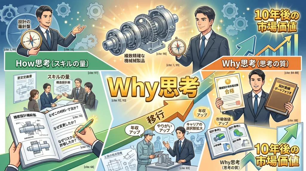 機械設計者のスキル（How）から思考の質（Why思考）へと評価がシフトし、それが設計品質と長期的なキャリア価値・市場価値を決めることを象徴するイラスト