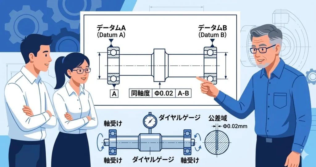 シャフト図面の具体的な幾何公差指示（同軸度）を解説するイラスト 。実際の測定イメージである「軸を回転させてダイヤルゲージで測る様子」と、公差域の図解が含まれている 。